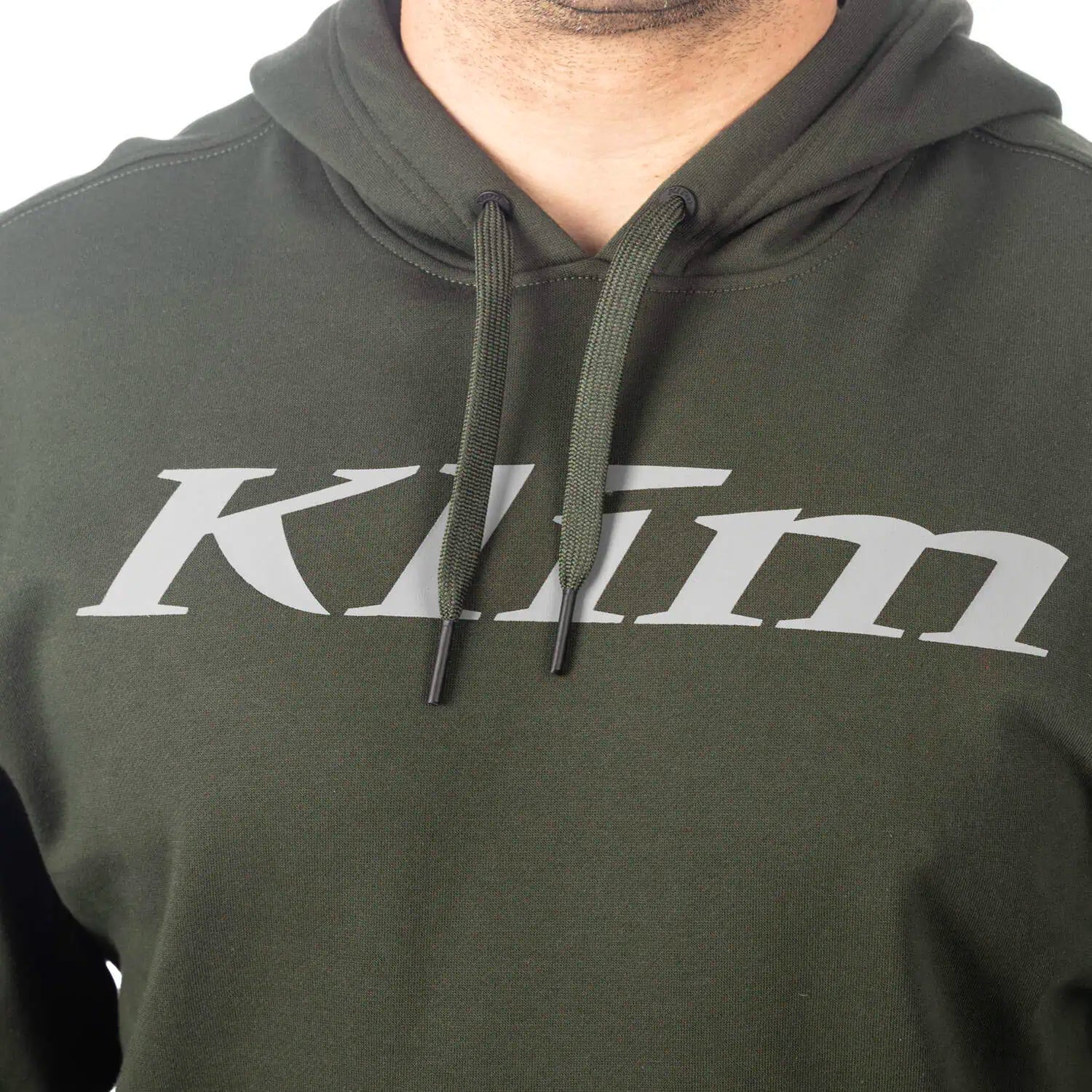 Duffel bag - Monument color of Klim Pullover Hoodie, detail of hoodie strings and logo
