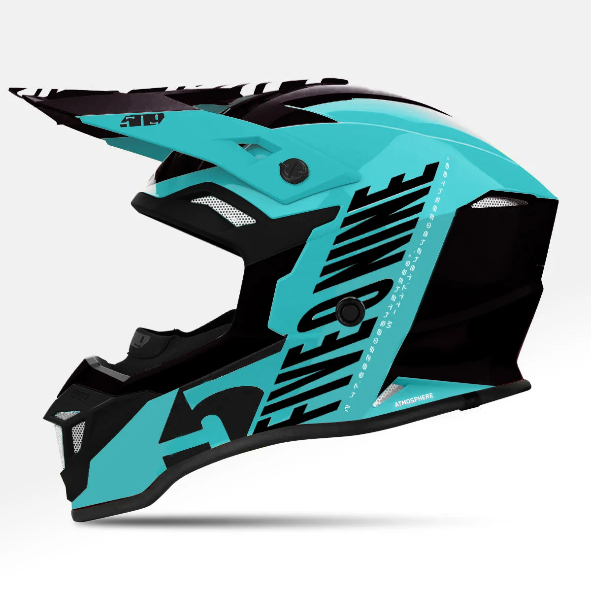 A side profile view of a full-face 509 Atmosphere Snowmobile Helmet - Glacier Blue in a vibrant turquoise and black color scheme, featuring the brand name 'Five 0 Nine' logos on a light gray background.