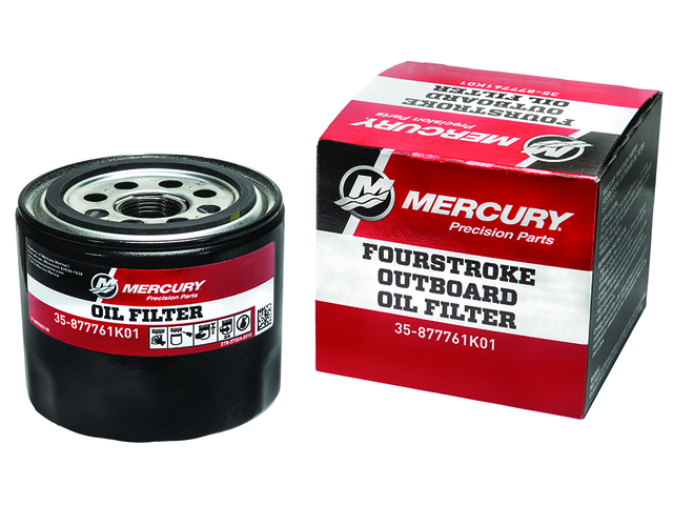 Mercury fourstroke outboard oil filter and packaging on a white background
