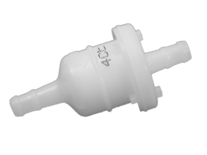 White plastic component with two connectors on a white background. Mercury Marine Inline Fuel Filter for Mercury and Mariner 2-Stroke and 4-Stroke Outboards