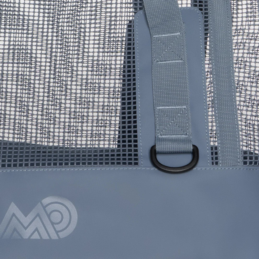 D ring and stitching detail on the steel blue Mission Cassi Gear Tote - Heavy-Duty Boat and Beach Bag