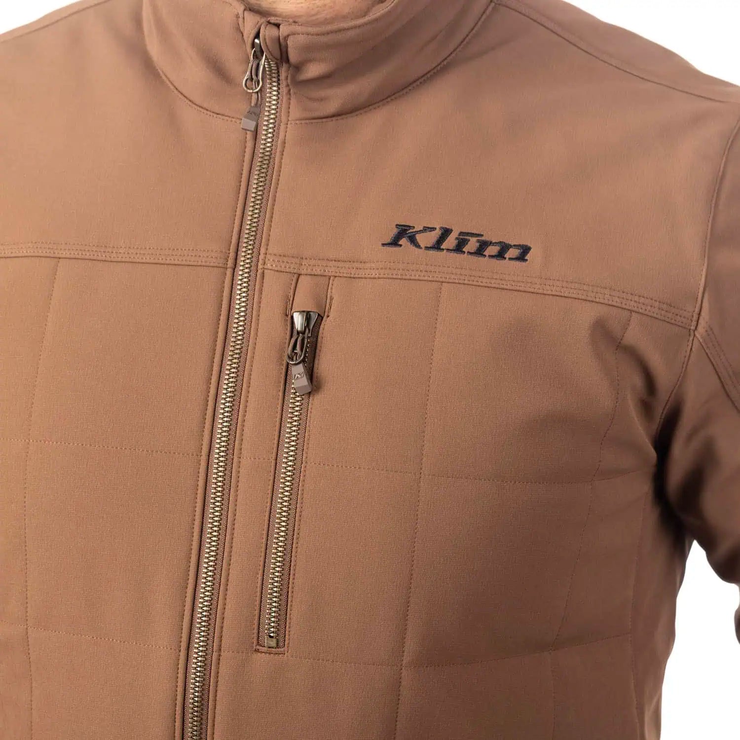 zipper and logo detail on the Klim Saddleback Softshell Jacket