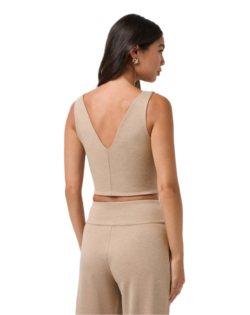 back view of V-neck on the TravisMathew Women's Friday Ponte Square Tank