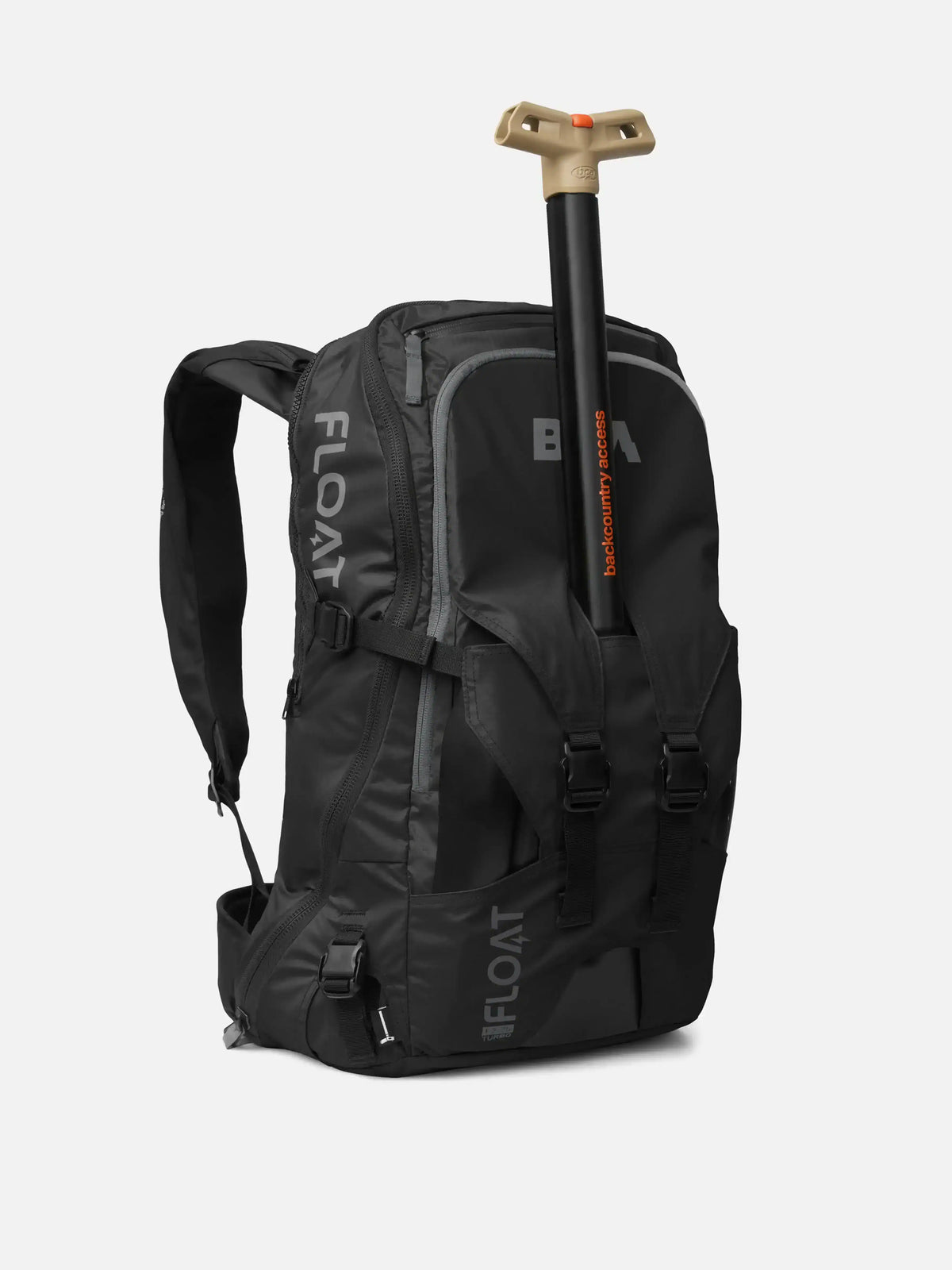 a shovel is shown inserted in the black BCA Float E2-25 Turbo Avalanche Airbag