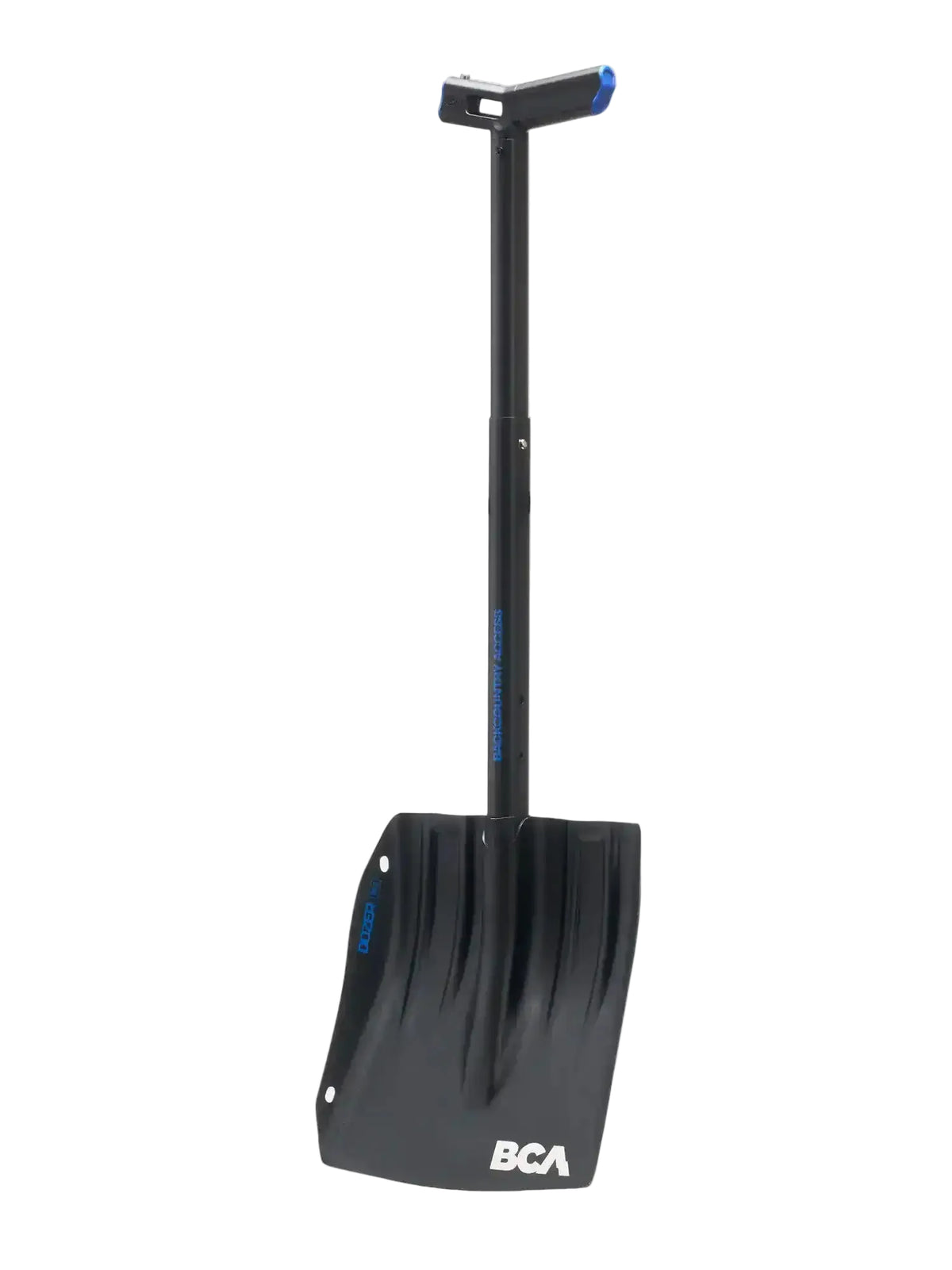 A black BCA Dozer 2H-S Shovel with Folding Saw with a long handle and a white BCA logo on the blade, shown against a light gray background.