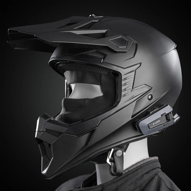 Cardo Packtalk Edge Single ORV Bluetooth Communicator installed on helmet