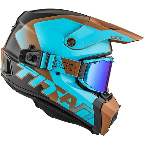side view of Blue Pecan matte CKX AMS Titan Helmet Nunavut with Apex Goggles