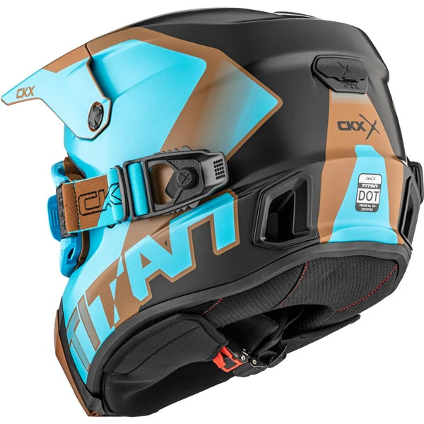 back view of Blue Pecan matte CKX AMS Titan Helmet Nunavut with Apex Goggles