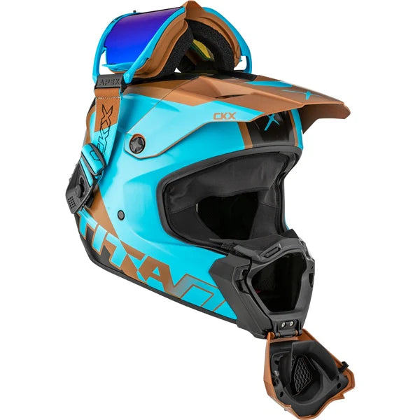 open view of Blue Pecan matte CKX AMS Titan Helmet Nunavut with Apex Goggles