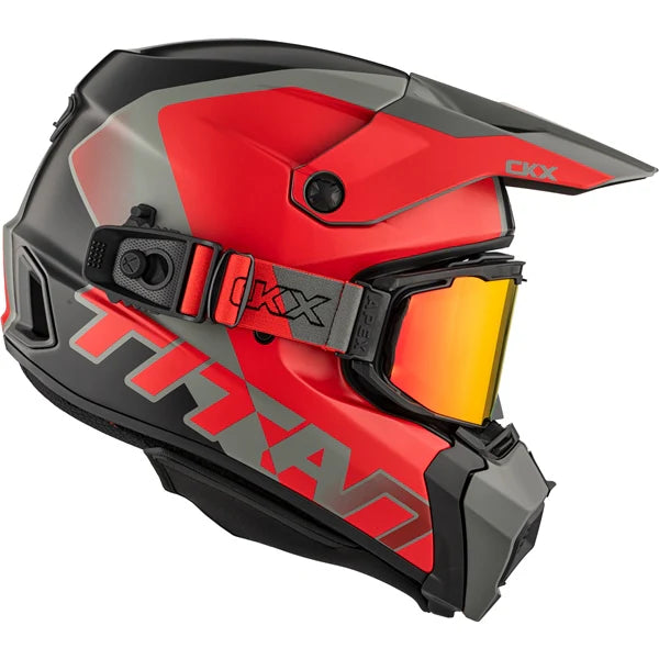 side view of Red matte CKX AMS Titan Helmet Nunavut with Apex Goggles