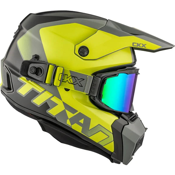side view of Sunny lime mat CKX AMS Titan Helmet Nunavut with Apex Goggles