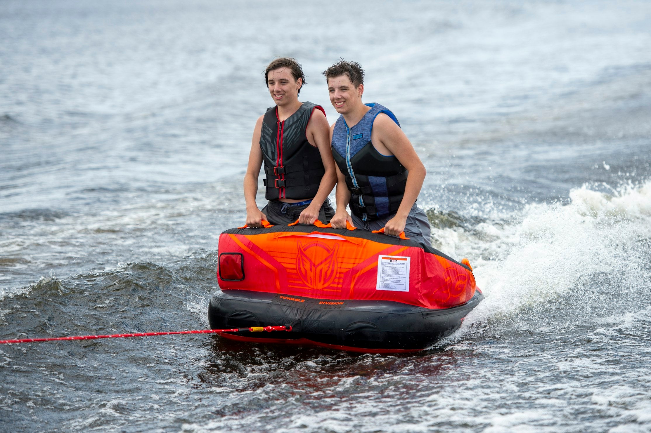 Chariot style riding on the HO Sports 2G - 2 Person Towable Boat Tube