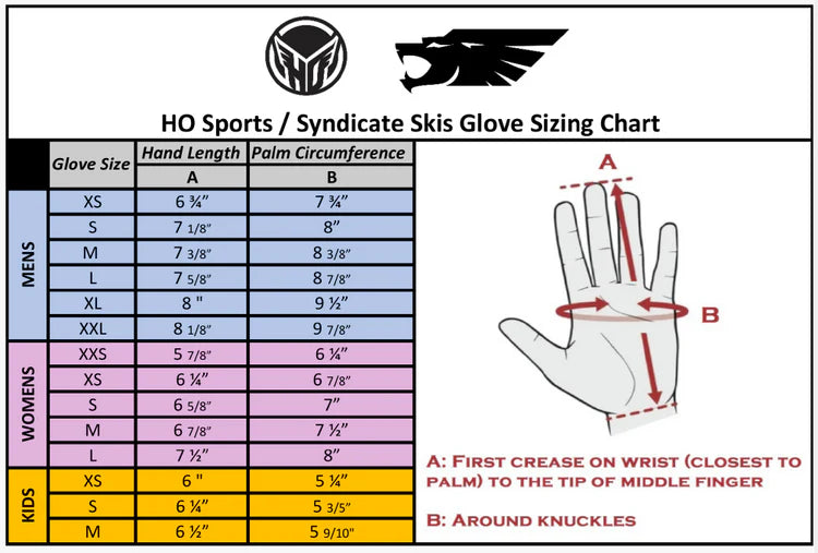 sizing chart for the HO Sports Kids' World Cup Waterski Gloves