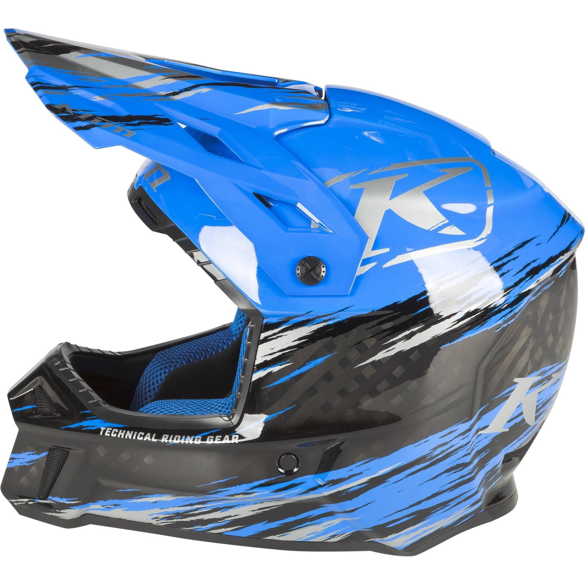 Thrashed Electric Blue Lemonade - Metallic Silver Klim F3 Carbon Pro ECE Snowmobile Helmet