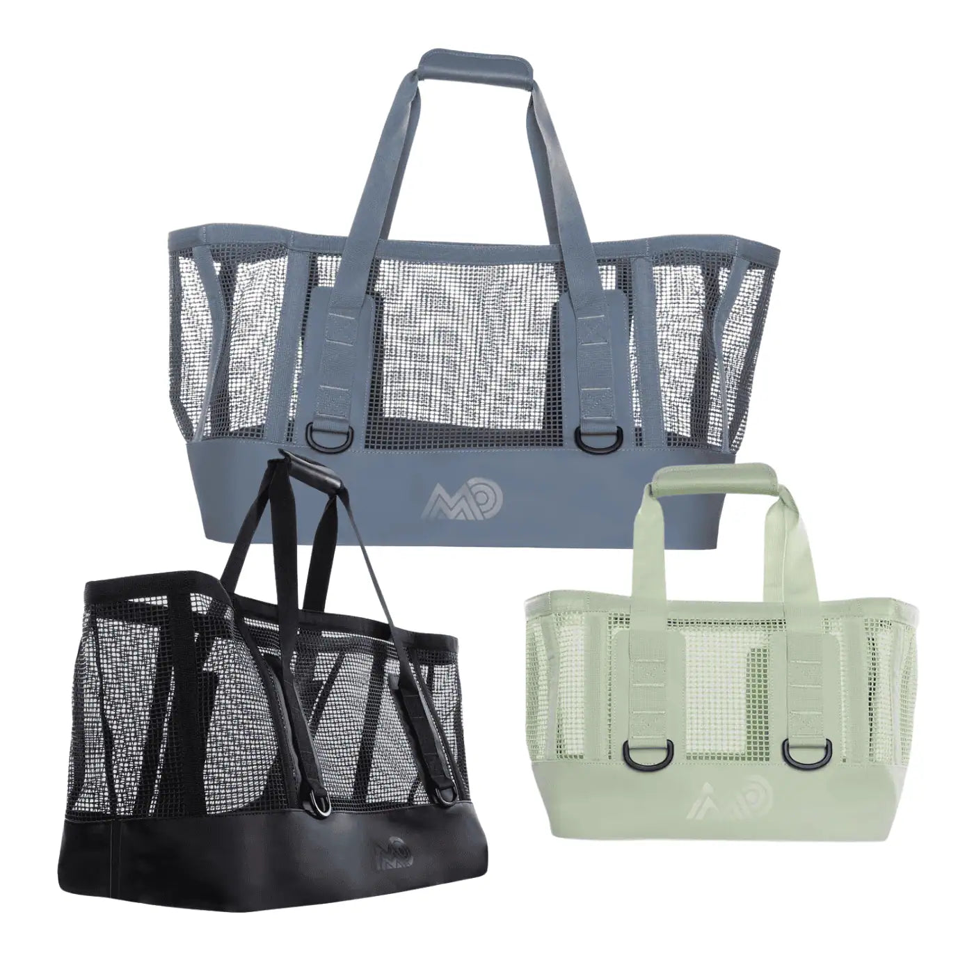 Three mesh tote bags in gray, black, and green on a white background