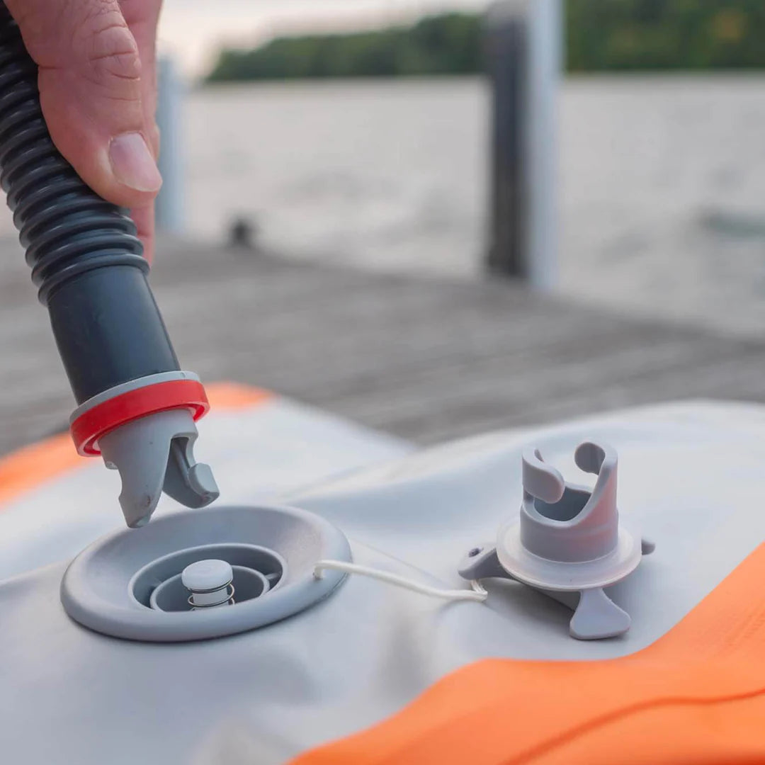 inflation hose going into the Mission REEF MAT - Inflatable Water Mat