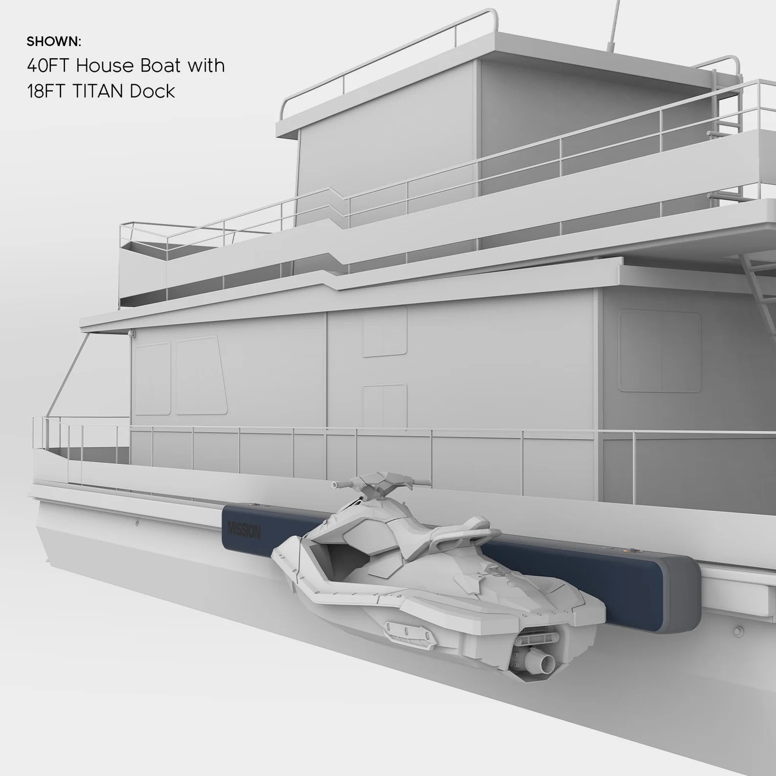 3d rendering of a houseboat with the Mission Titan inflatable Dock Fender