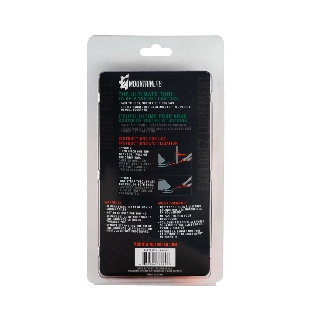 back of the package Mountain Lab Snowmobile Ski Pull Strap