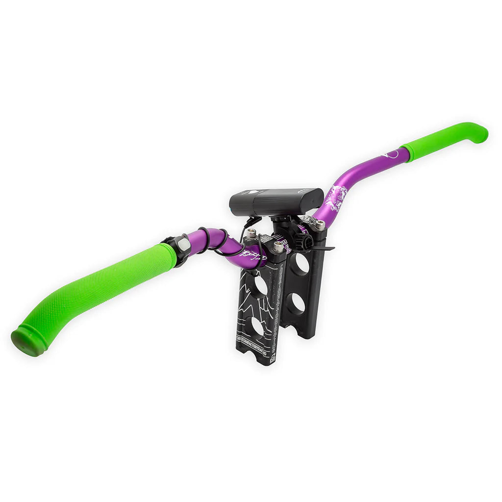 handlbar with riser, mounted with Mountain Lab X2000 Lumen Flashlight Kit