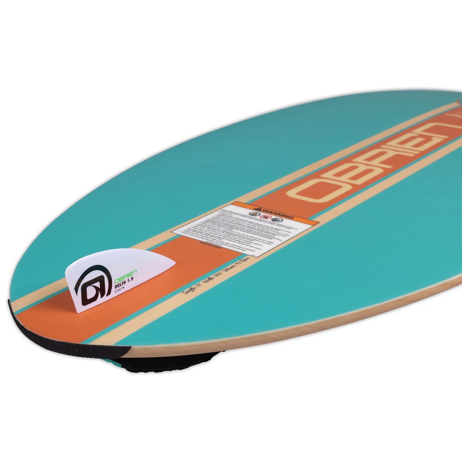 fin detail on the teal and orange O'Brien Havana Wakesurfer