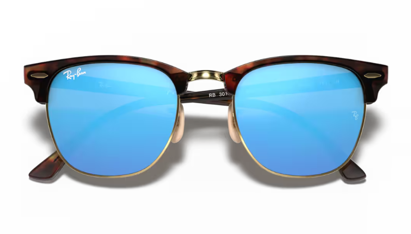 Ray-Ban Clubmaster Classic Sunglasses - Matte Havana On Gold Frame With Blue Lens