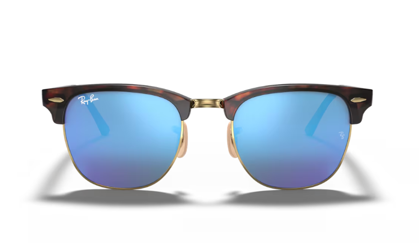 Ray-Ban Clubmaster Classic Sunglasses - Matte Havana On Gold Frame With Blue Lens
