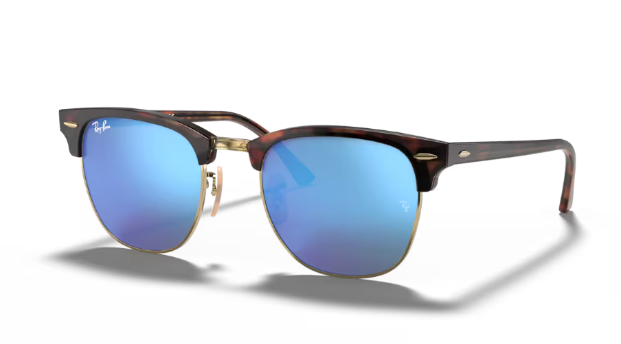 Ray-Ban Clubmaster Classic Sunglasses - Matte Havana On Gold Frame With Blue Lens