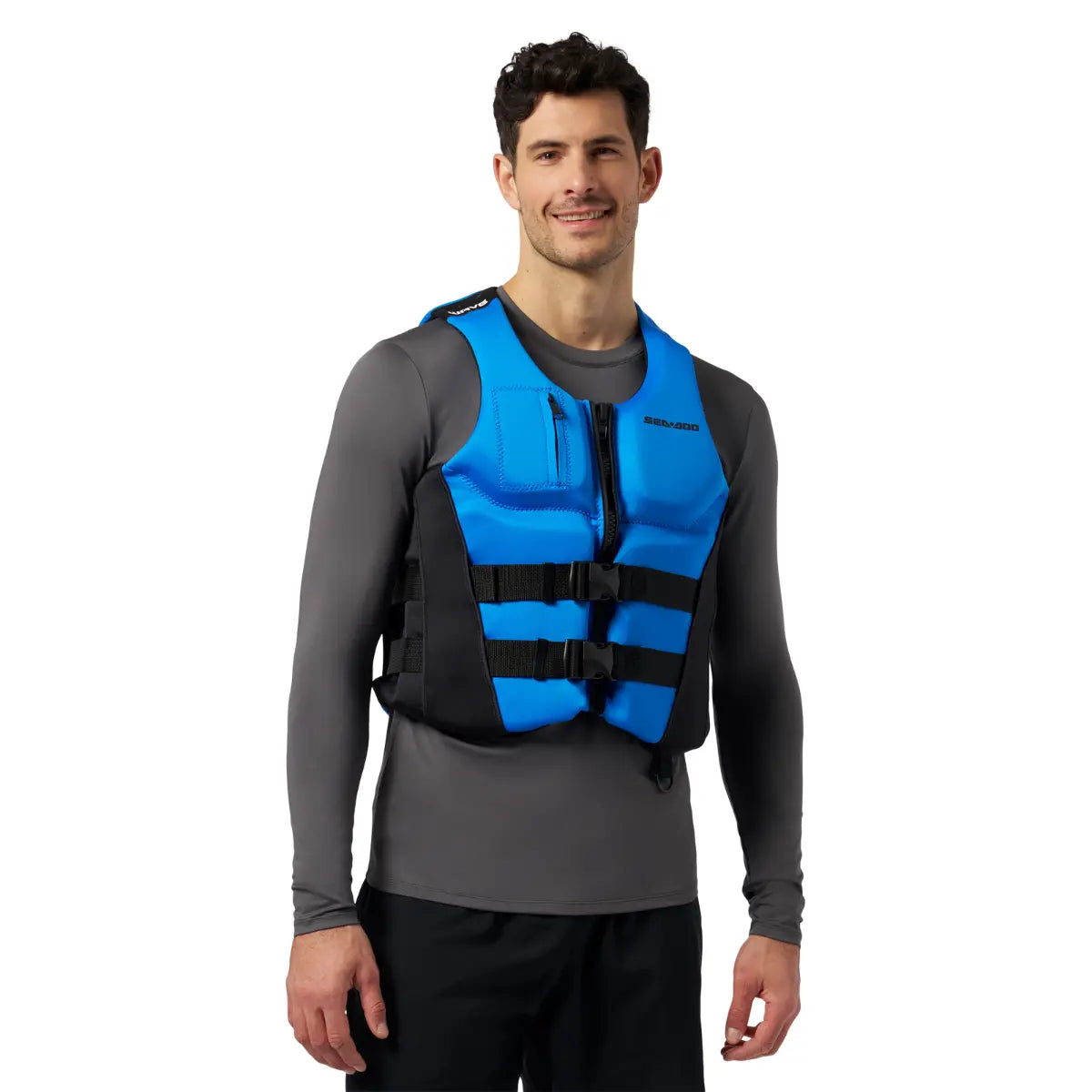 man wearing the blue Sea-Doo Wave Unisex Life Jacket / PFD