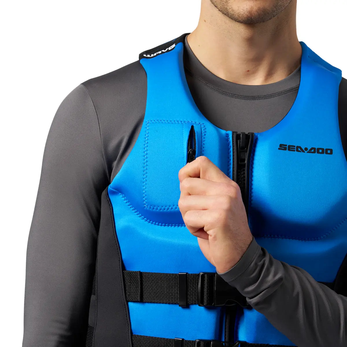 pocket zipper on the blue Sea-Doo Wave Unisex Life Jacket / PFD