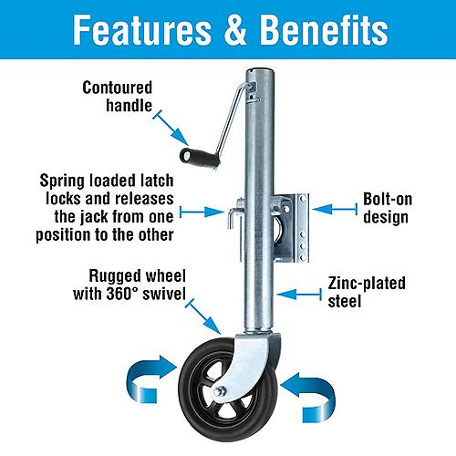 list of features for the Seachoice 1500 lb Fold Up Trailer Jack with Wheel for Boat and Utility Trailers