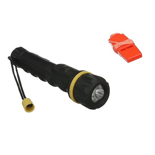 Black flashlight with yellow band and orange whistle on a white background