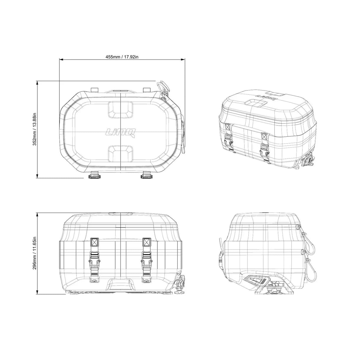 dimensions and technical drawing of the Ski-Doo LinQ Trail Pro Bag - 30 L / 6 US Gallons