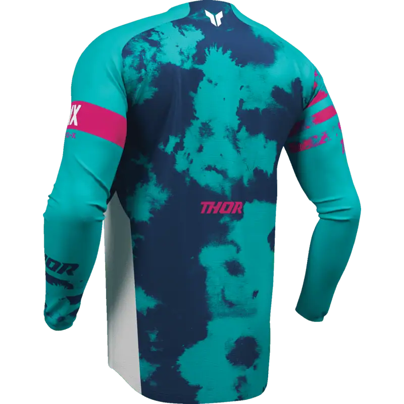 back view of white/aqua Thor Launchmode Bleach Jersey Riding