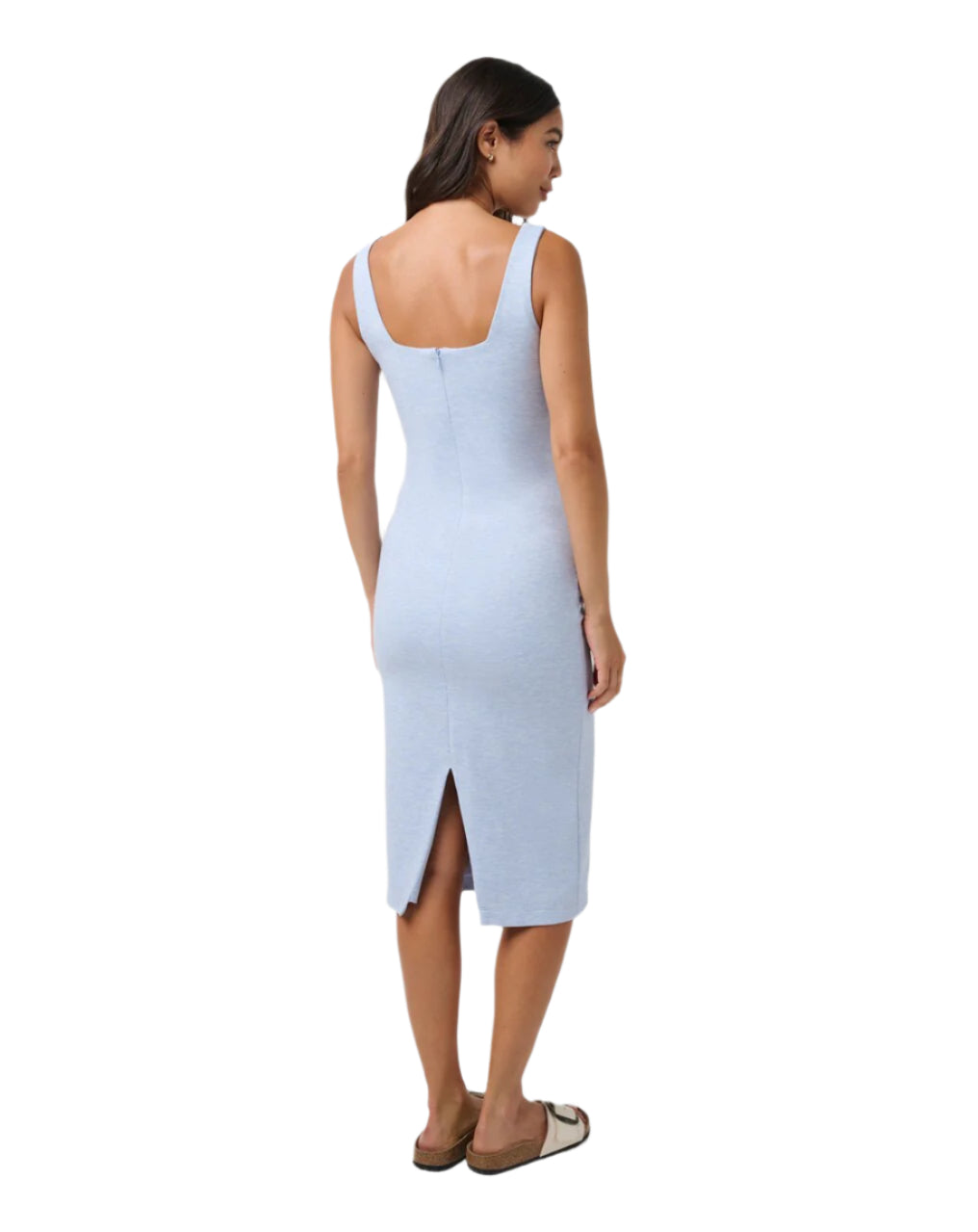 TravisMathew Women's Friday Ponte Midi Dress heather brunnera blue , back view