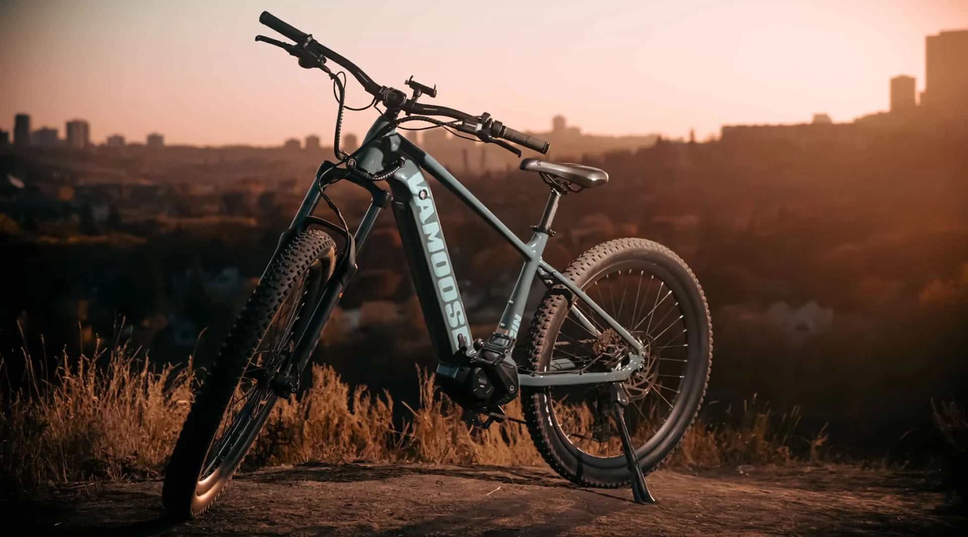 outside photo of the Vamoose Toro Hardtail E-Bike at sunset