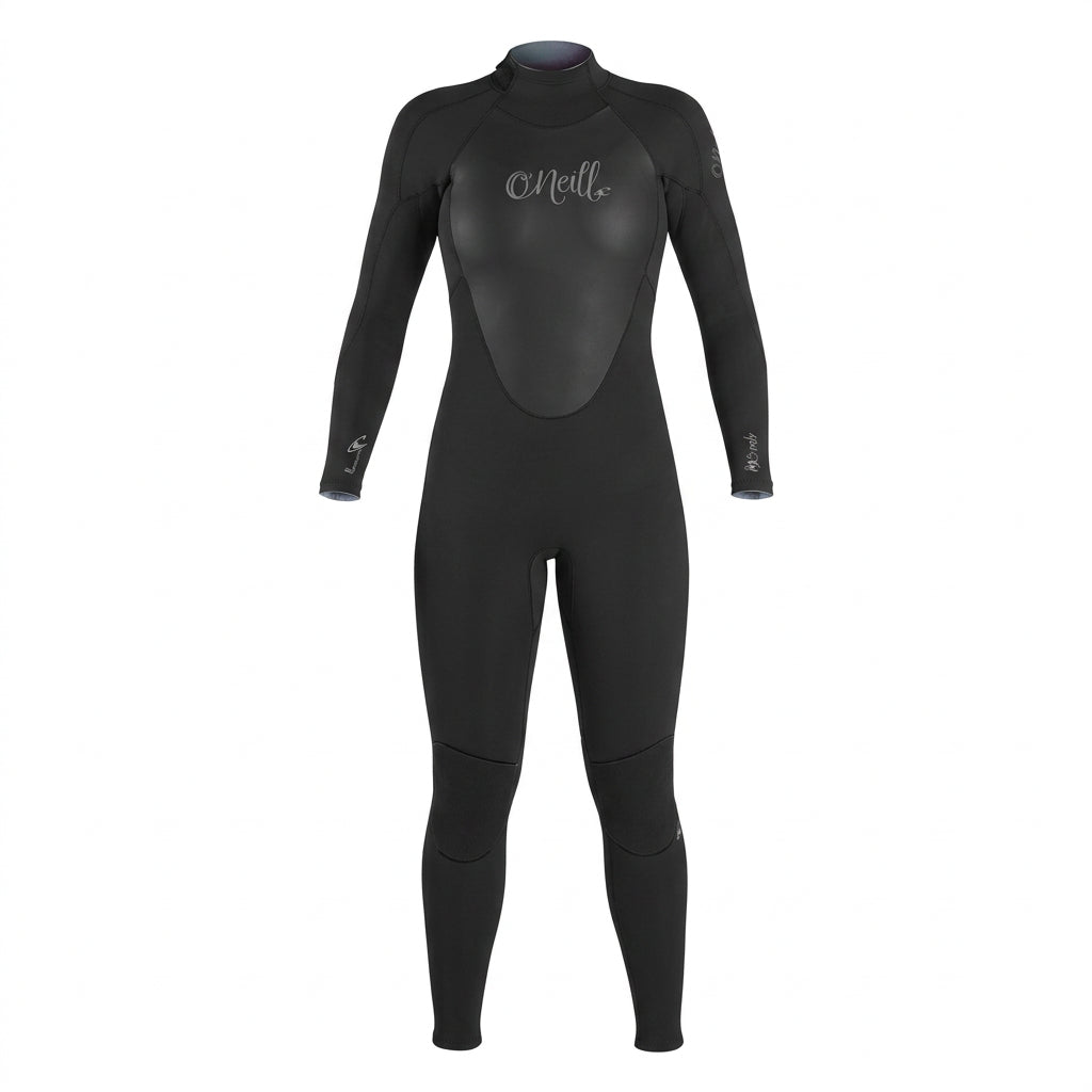 A black full-body wetsuit with long sleeves and a high collar, featuring a tonal black chest panel and the 'O'Neill' brand logo in white script on the chest, shown against a plain white background.