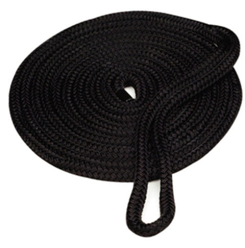 A coil of black double braid nylon dock line with a 15-inch eye splice.