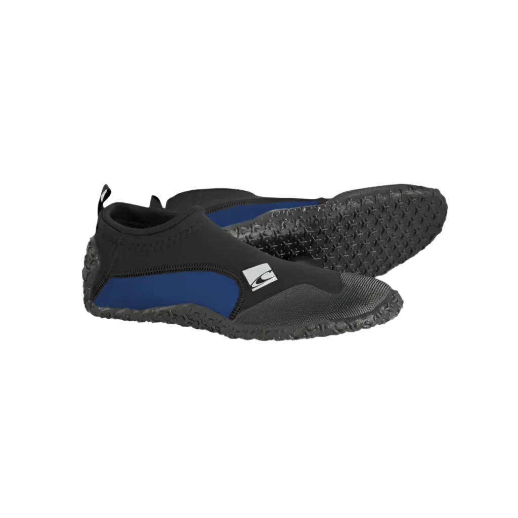 A pair of O'Neill Reactor Reef Shoes designed for water sports, featuring a slip-on design with black and gray colors and rubber soles for grip.