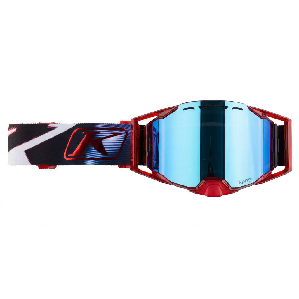 Goggles with blue mirror lens and red frame on a white background