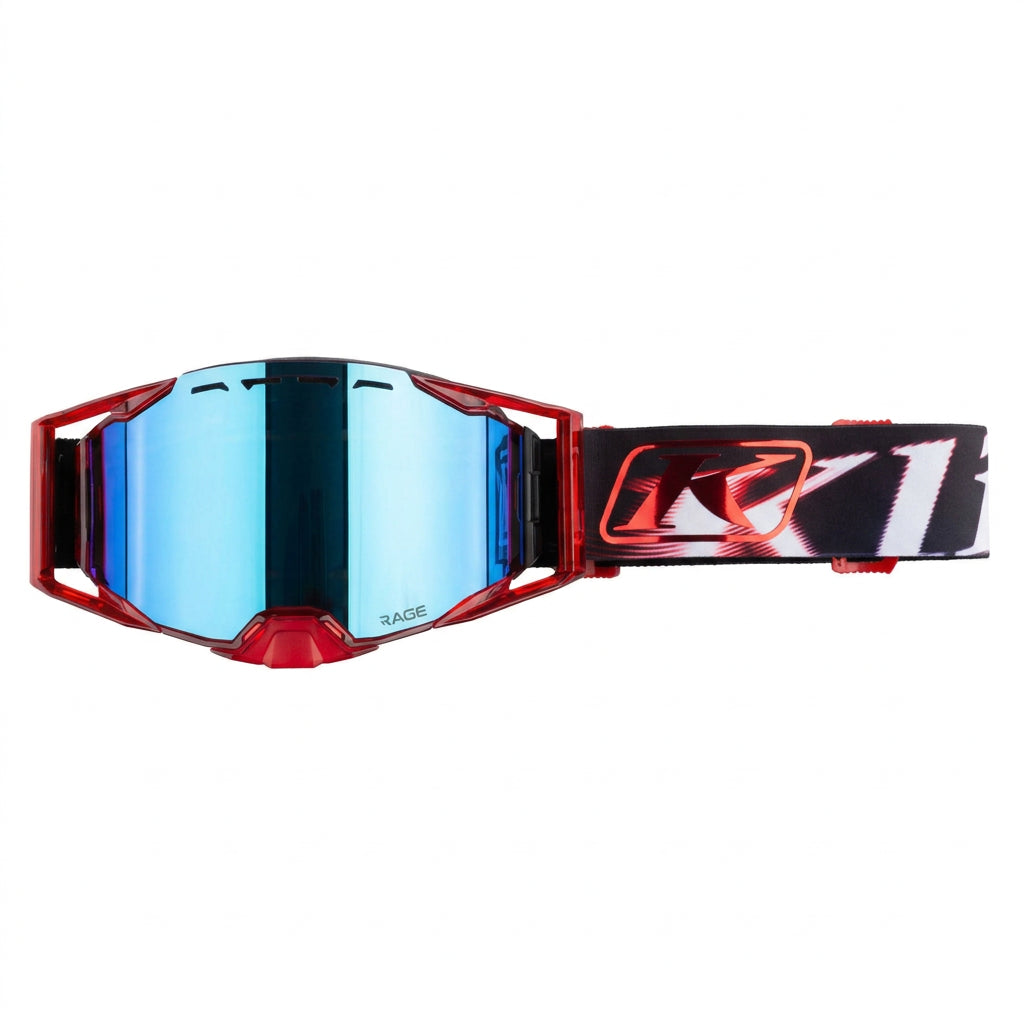 Red goggles with blue mirror lens on a white background
