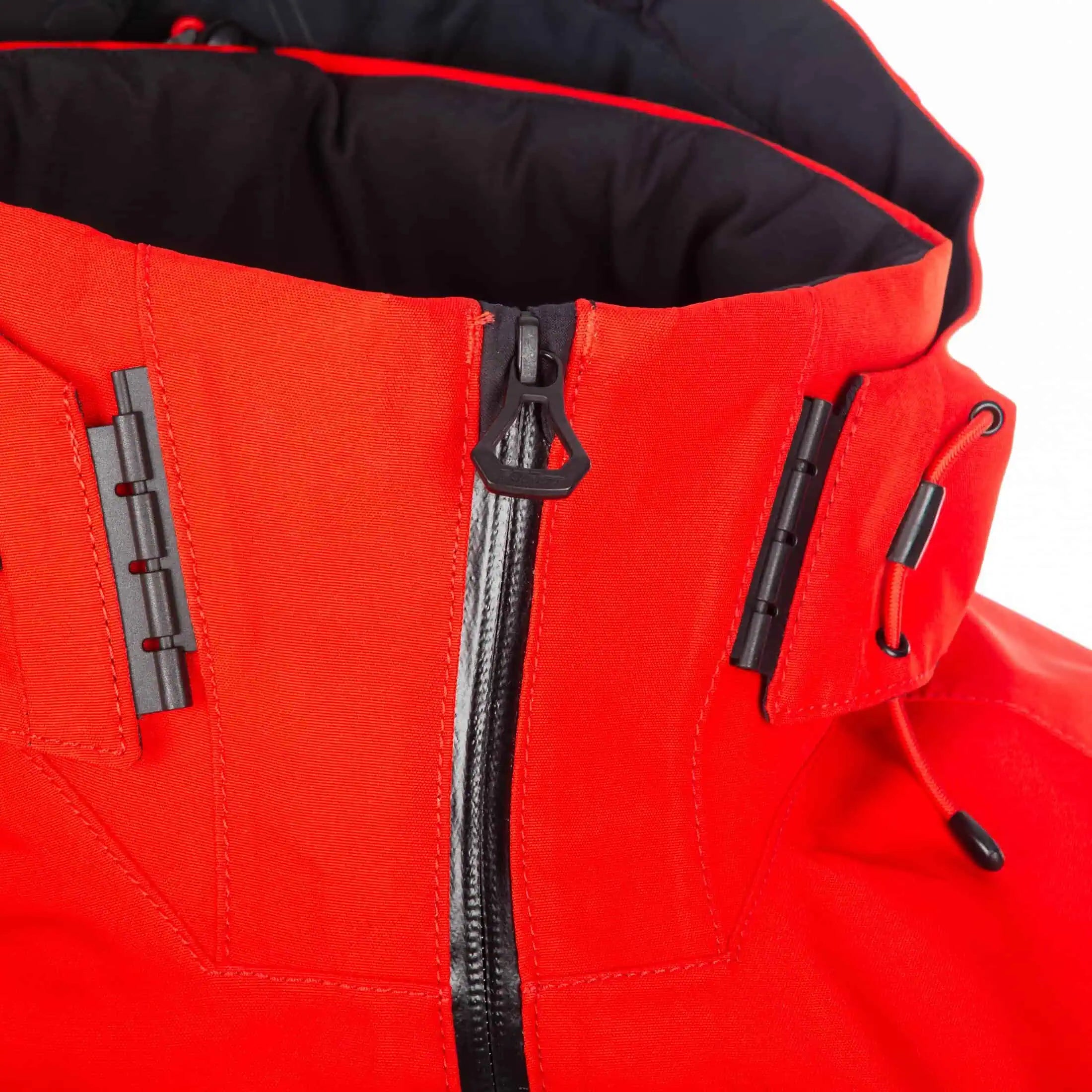 zipper pull detail of the Black - Fiery Red Klim Ripsa One-Piece Monosuit