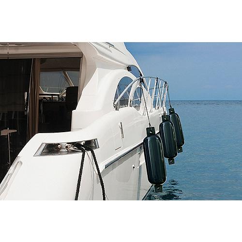 a boat with three of the black Seachoice Twin Eye Ribbed Boat Fenders mounted on the side