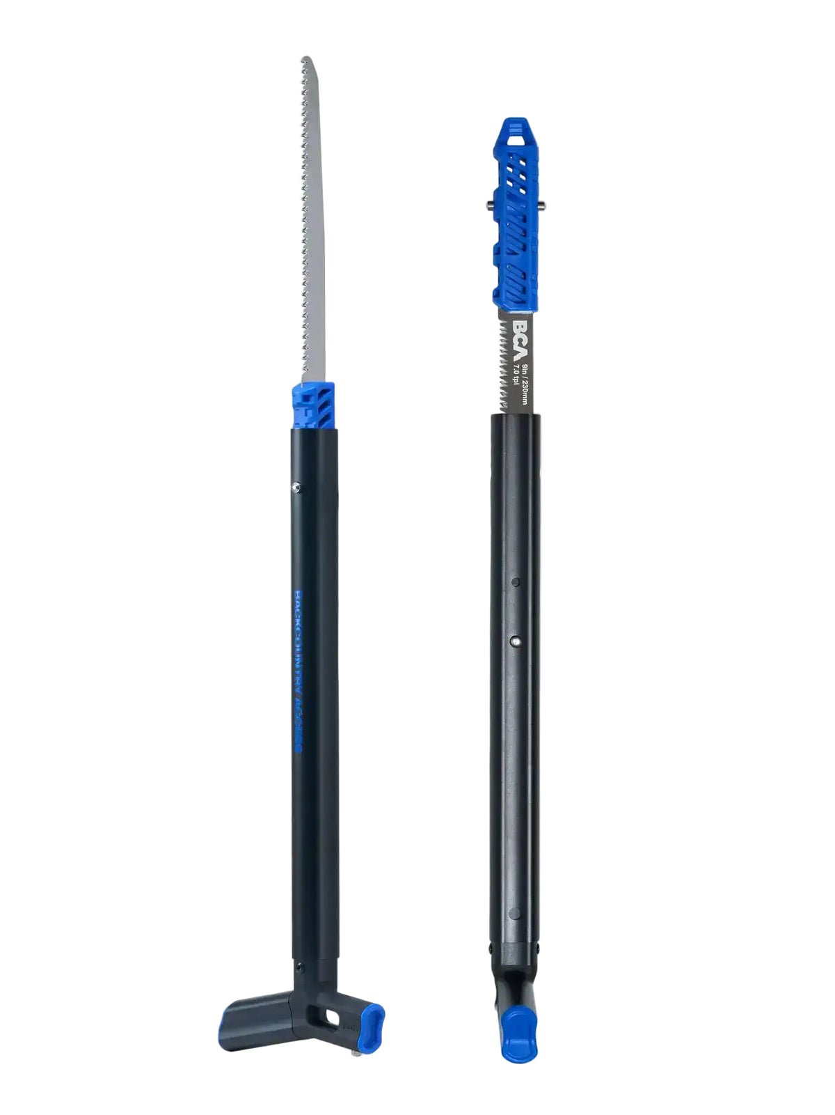 A long-handled saw, for the BCA Dozer 2H-S Shovel with Folding Saw. The tool has a dark gray body with bright blue accents on the blade guard, handle top, and base, and a silver serrated metal saw blade.