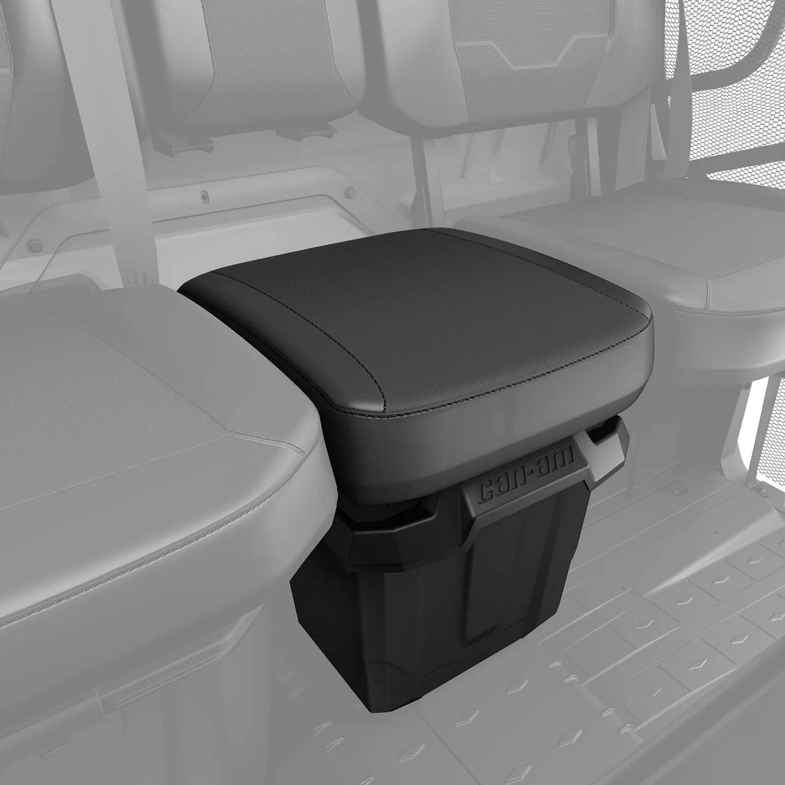 the Can-Am Center Underseat Storage Bin for Can-Am Defender - 8 L / 2 US Gallon installed