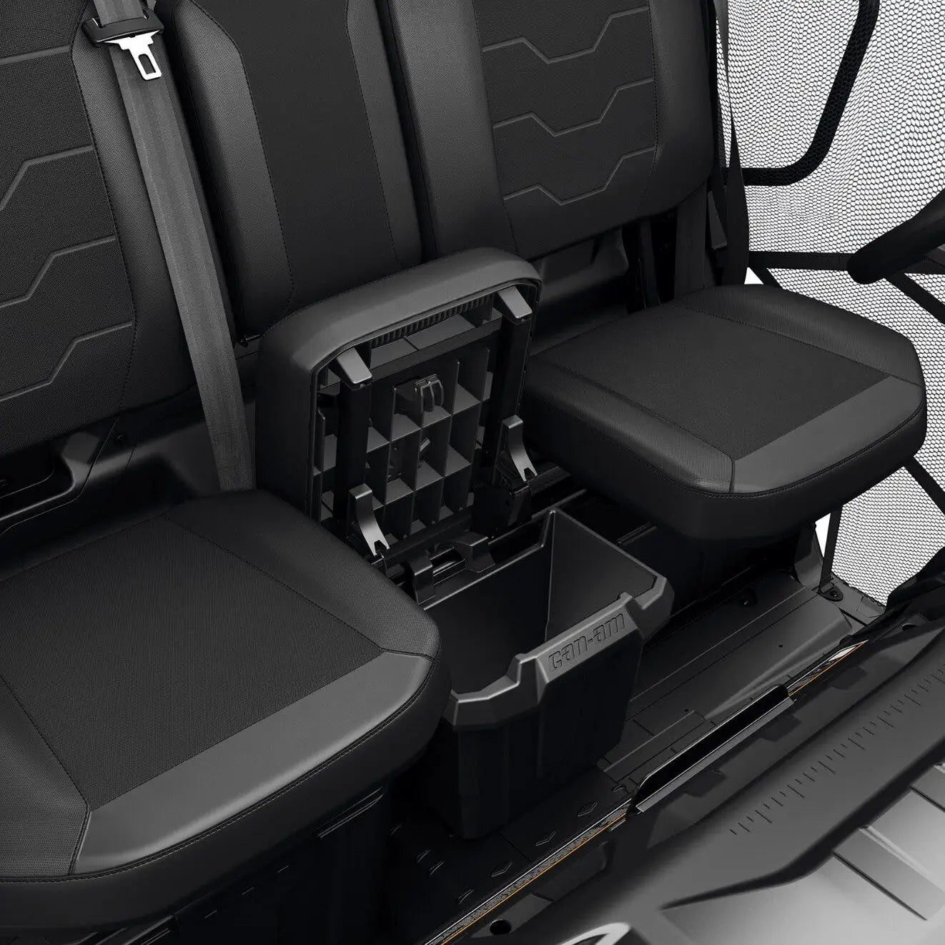 open installed Can-Am Center Underseat Storage Bin 