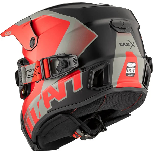 back view of Red matte CKX AMS Titan Helmet Nunavut with Apex Goggles