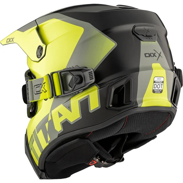 back view of Sunny lime mat CKX AMS Titan Helmet Nunavut with Apex Goggles