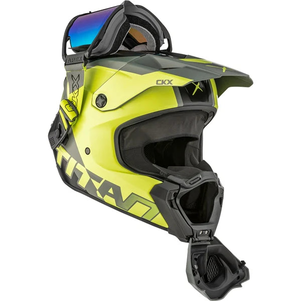 open view of Sunny lime mat CKX AMS Titan Helmet Nunavut with Apex Goggles