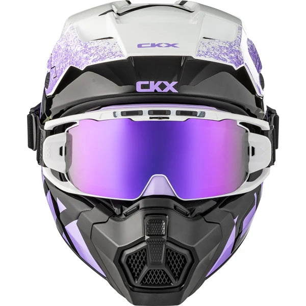 front view of the CKX AMS Titan Helmet Vaneer with Apex Goggles in gloss purple
