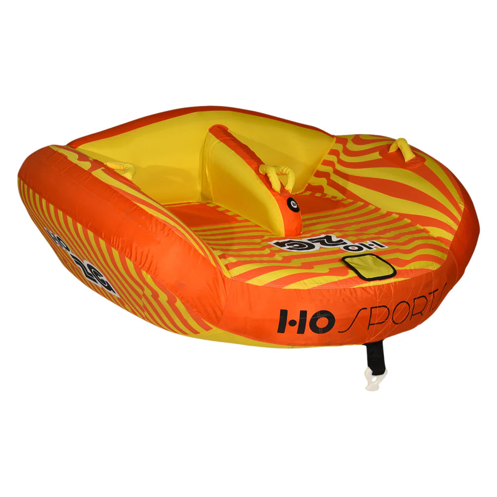 Orange and yellow inflatable tube with 'HO Sport' branding on a white background